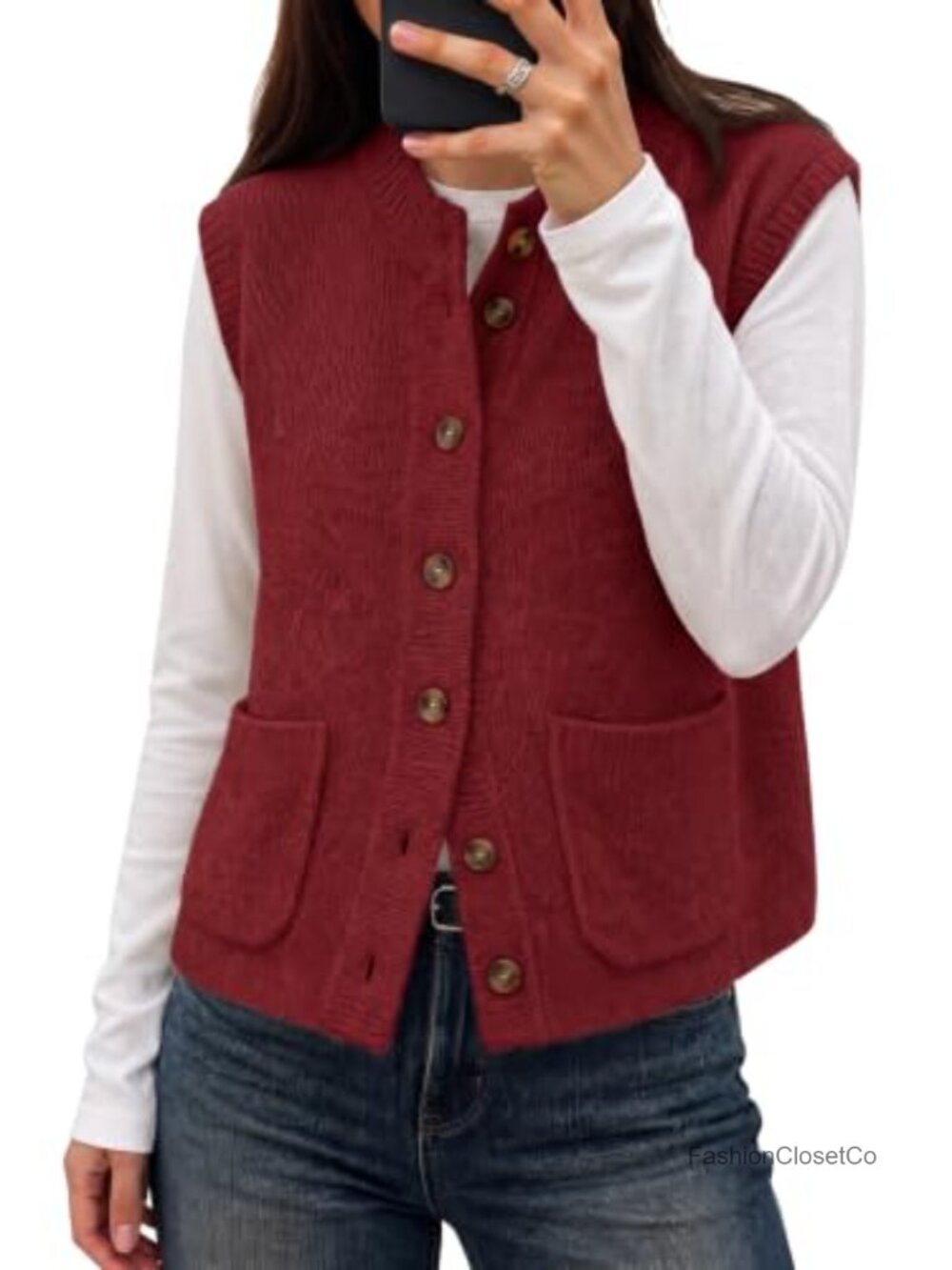 Women's Button Down Sweater Vest Mock Neck Sleeveless Cardigan with Pockets